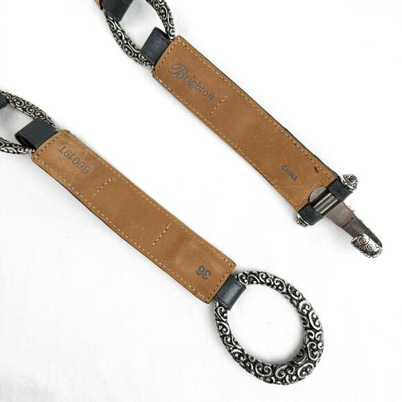 Brighton Pewter Gray Leather Belt Silver Tone Scroll Buckle Oval Concho 36 - Picture 8 of 12